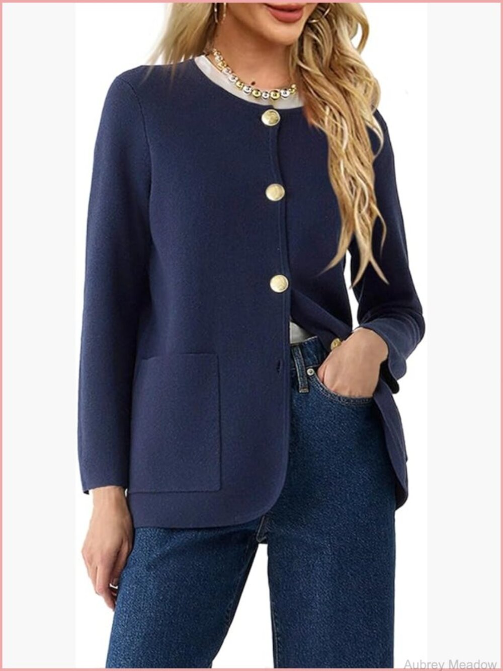 Crew Neck Button Down Cardigan Sweater Blazer Long Sleeve Knit with Pockets